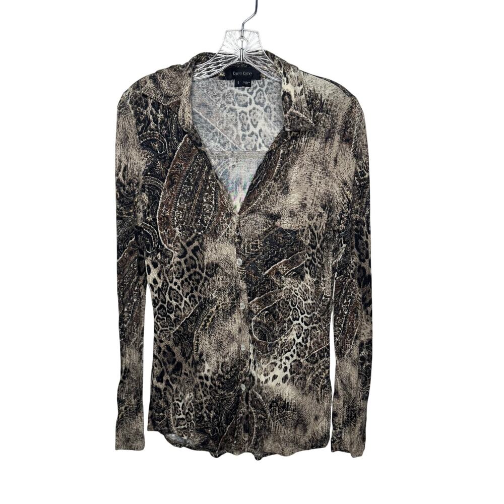 Karen Kane Y2K Animal Print Button Front Stretch Knit Top S Boho Retro
